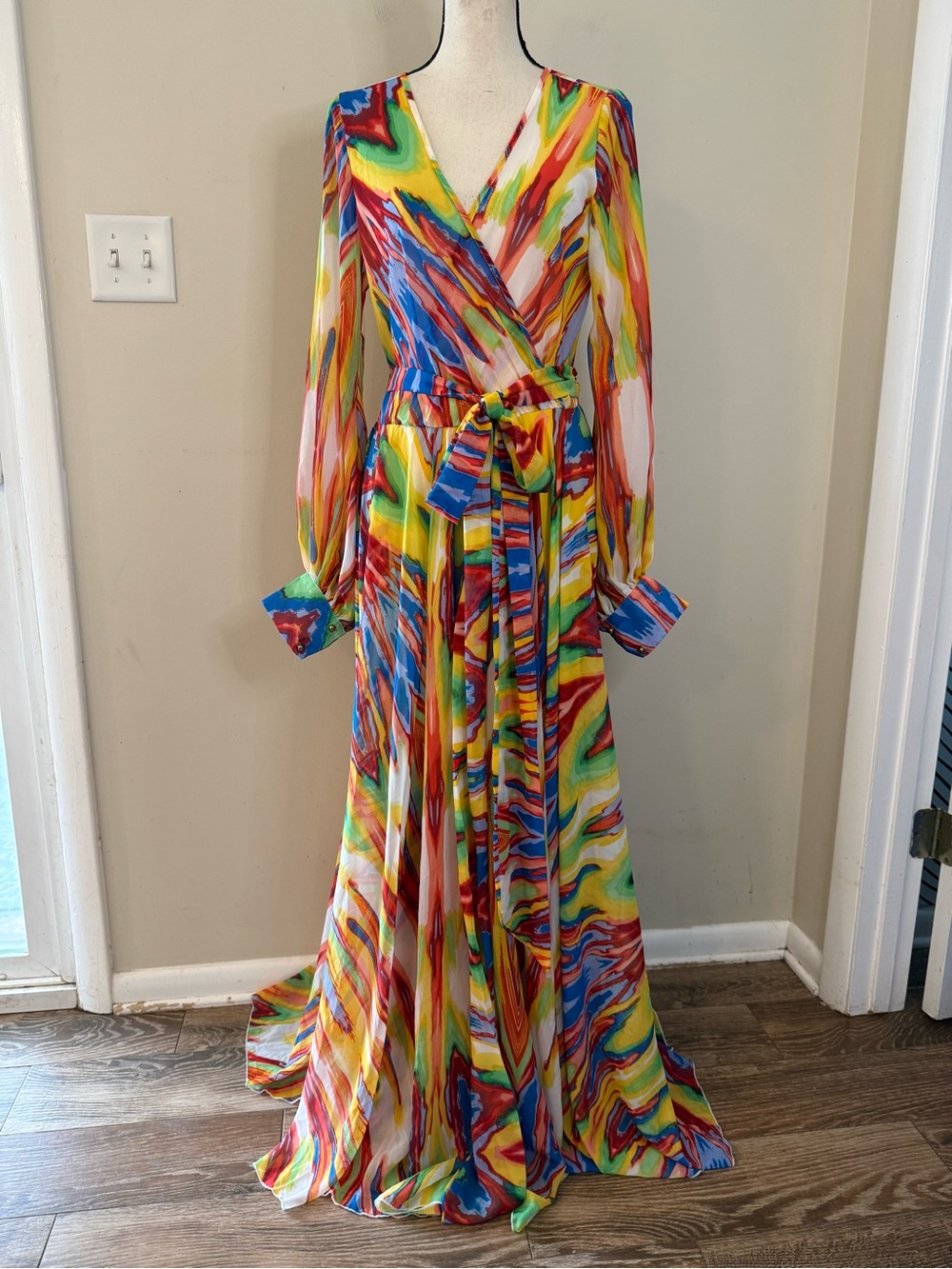 Va Va Voom abstract waterfall striped maxi dress wearable art LG